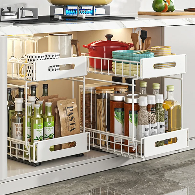 Organizador de Extracción de Doble Capa Armario de Cocina Estantería de Almacenamiento Soporte para Especias Debajo del Fregadero Estante de Cajón - Blanco
