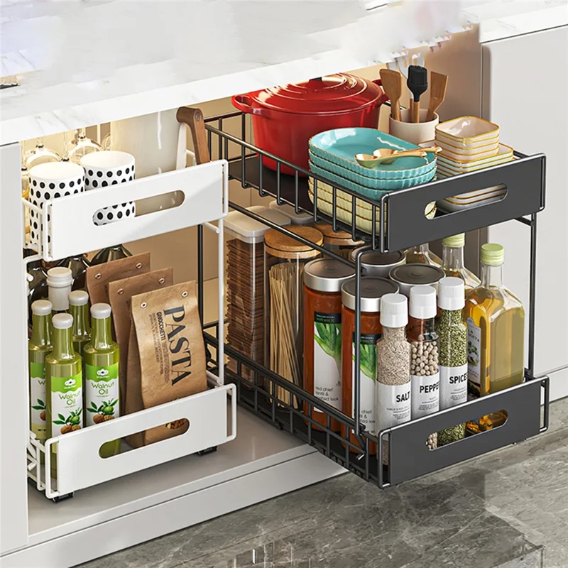 Organizador de Extracción de Doble Capa Armario de Cocina Estantería de Almacenamiento Soporte para Especias Debajo del Fregadero Estante de Cajón - Blanco