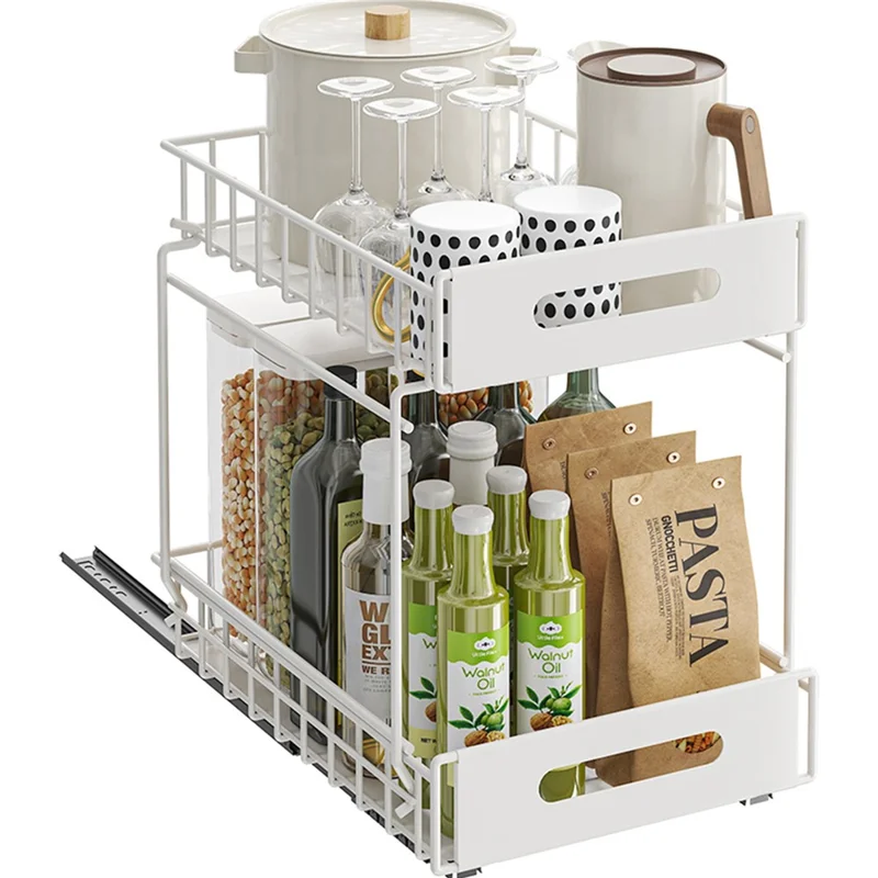 Organizador de Extracción de Doble Capa Armario de Cocina Estantería de Almacenamiento Soporte para Especias Debajo del Fregadero Estante de Cajón - Blanco