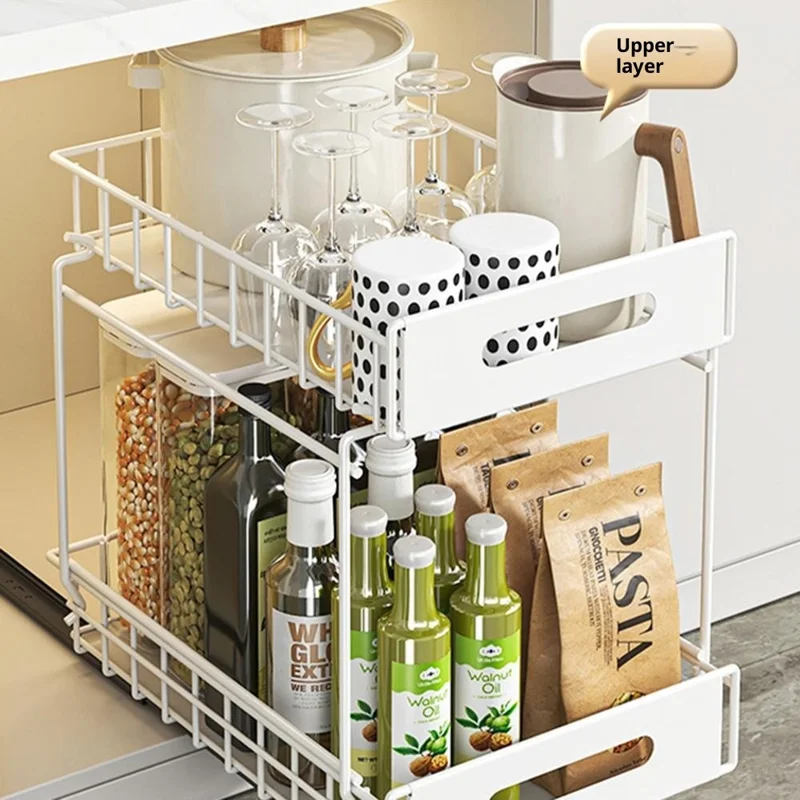 Organizador de Extracción de Doble Capa Armario de Cocina Estantería de Almacenamiento Soporte para Especias Debajo del Fregadero Estante de Cajón - Blanco