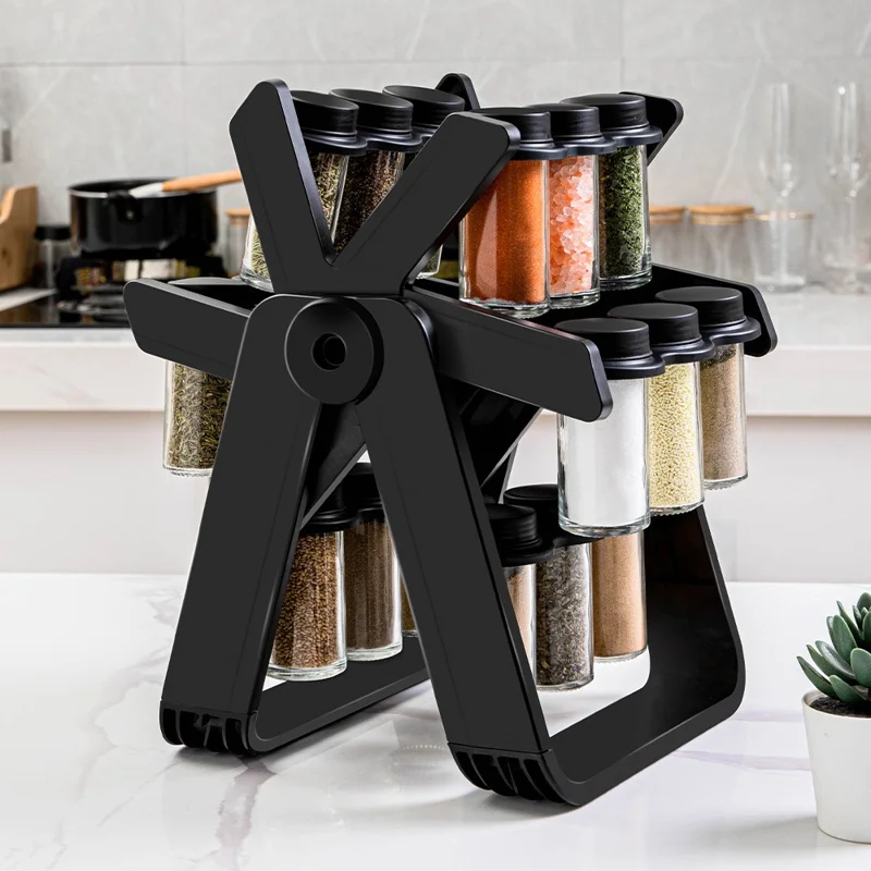 Rotating Ferris Wheel Spice Rack Set with 18Pcs Glass Jars Seasoning Organizer Storage Holder for Kitchen Home