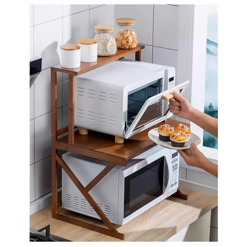 256TMZWJ-02 53cm 2-Tier Bamboo Kitchen Storage Shelf Countertop Spice Organizer Rack for Microwave Oven  /  Condiments  /  Utensils - Brown