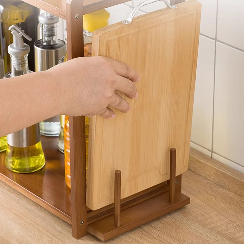 55 cm Einzelschicht Länge Küche Gewürzregal Organizer Lagerung Regal mit Schneidebrett Halter und 4 Haken - Braun