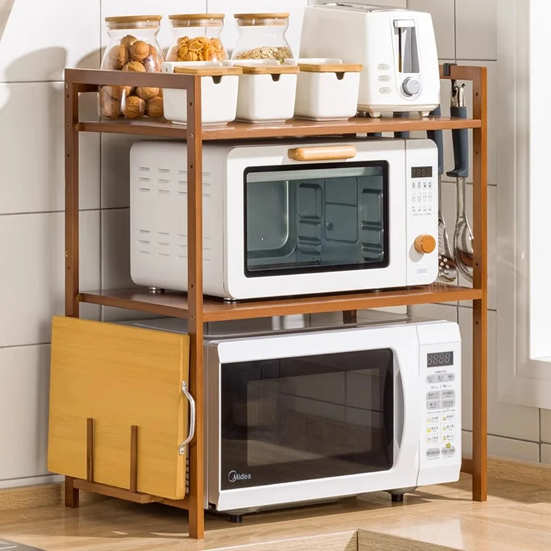 257TMZWJ-04 D Type 2 Tiers 55cm Length Bamboo Spice Rack Kitchen Countertop Organizer with Cutting Board Holder and 4 Hooks - Tawny