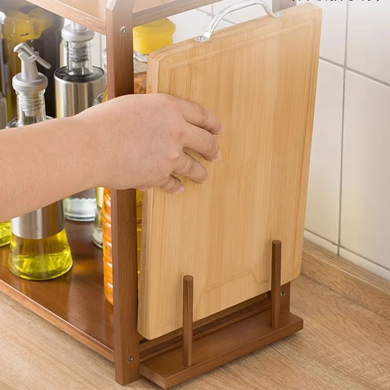 257TMZWJ-04 D Type 2 Tiers 55cm Length Bamboo Spice Rack Kitchen Countertop Organizer with Cutting Board Holder and 4 Hooks - Tawny
