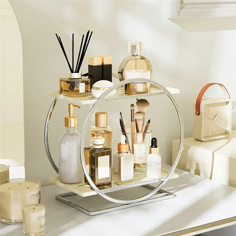 Organizador cosmético de doble capa, estantería de almacenamiento de maquillaje, estante de tocador, soporte de encimera de baño - Blanco / Plata