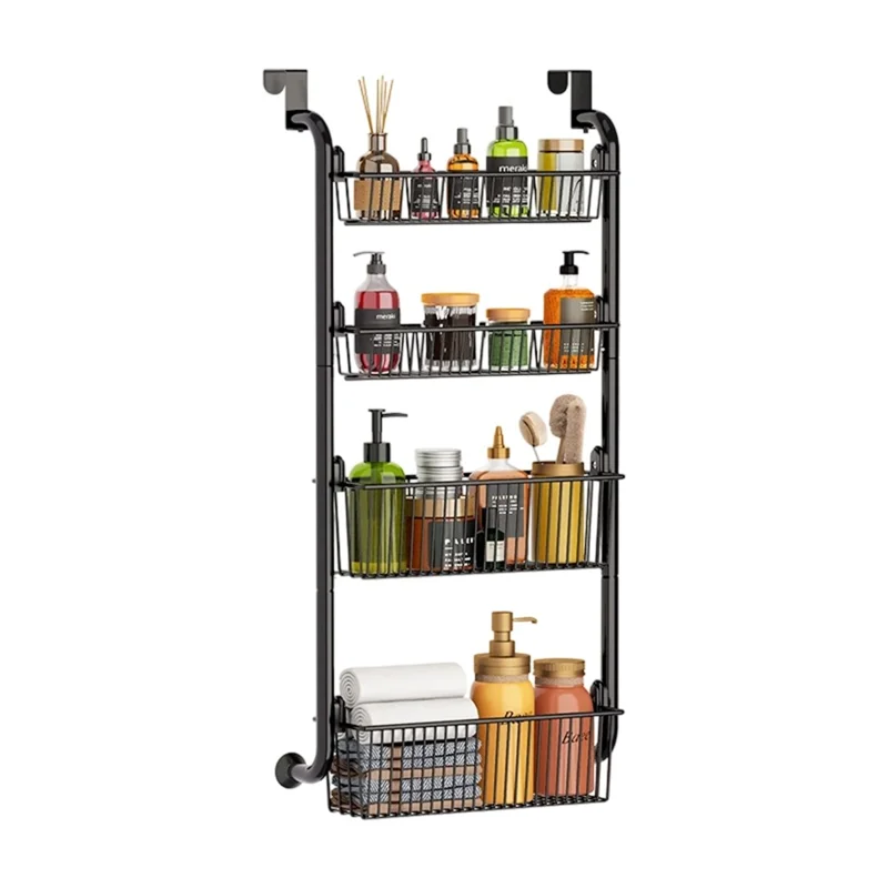 Over The Door Hanging Organizer 4 Tier Storage Basket Rack Hook Shelf for Home Organization - Black