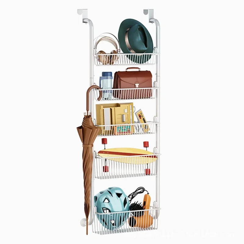 Над дверным органайзером 5-ярусная корзина для хранения, стеллаж с крючками для домашней организации - белый