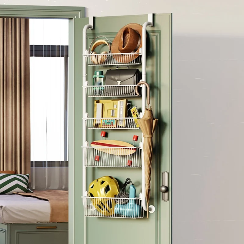 Над дверным органайзером 5-ярусная корзина для хранения, стеллаж с крючками для домашней организации - белый