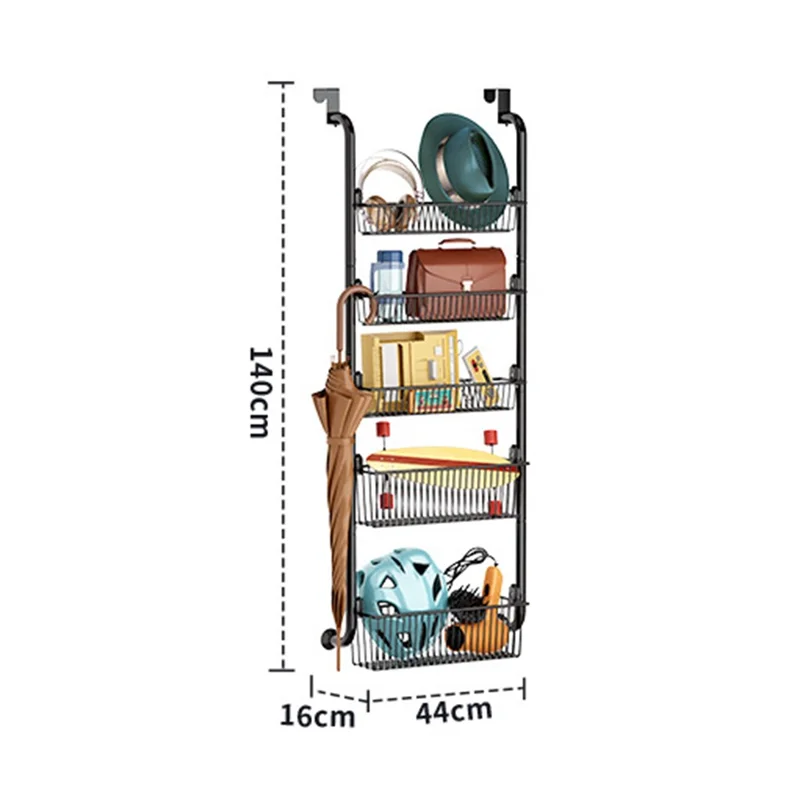 Над дверным органайзером 5-ярусная корзина для хранения, стеллаж с крючками для домашней организации - белый