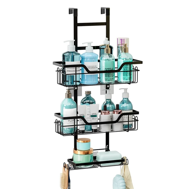 Organisateur de douche suspendu sur la porte de la salle de bain, étagère de rangement à plusieurs niveaux pour les articles de toilette et les shampoings