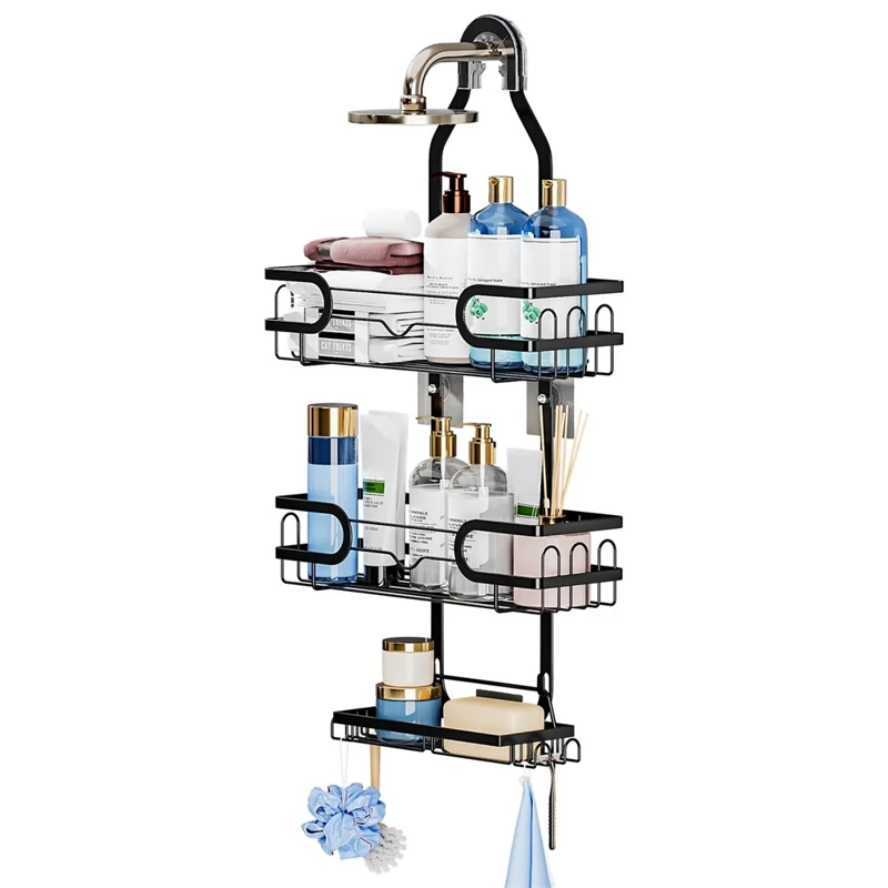 Support de pomme de douche Panier de rangement mural Porte-serviettes à plusieurs niveaux pour articles de toilette