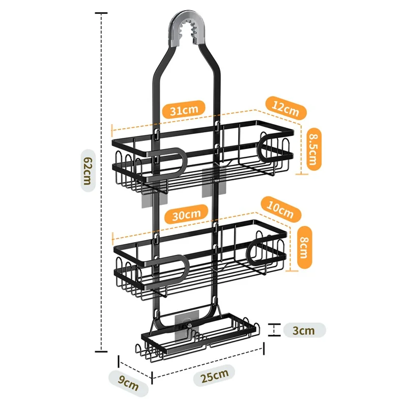 Support de pomme de douche Panier de rangement mural Porte-serviettes à plusieurs niveaux pour articles de toilette