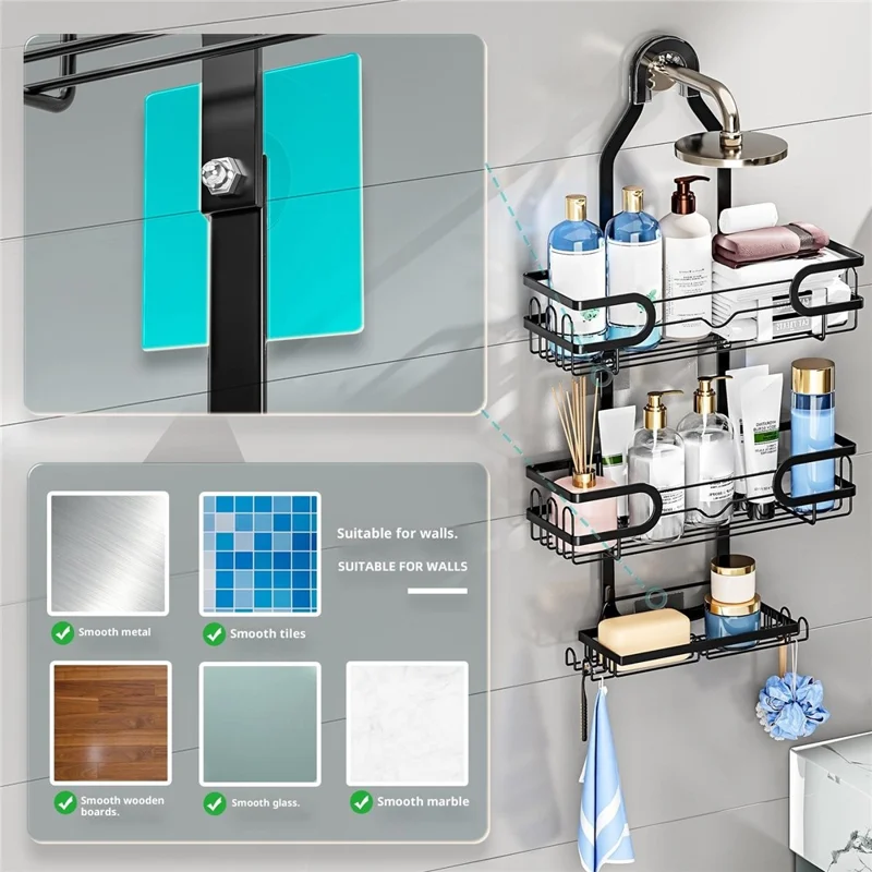 Support de pomme de douche Panier de rangement mural Porte-serviettes à plusieurs niveaux pour articles de toilette