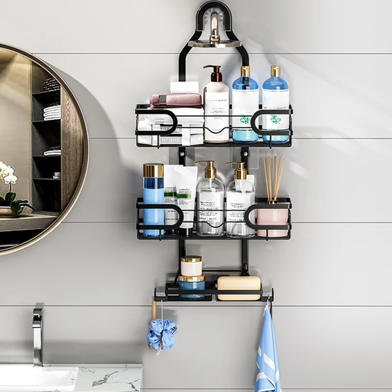 Support de pomme de douche Panier de rangement mural Porte-serviettes à plusieurs niveaux pour articles de toilette