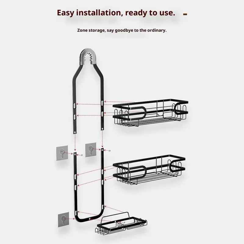 Support de pomme de douche Panier de rangement mural Porte-serviettes à plusieurs niveaux pour articles de toilette