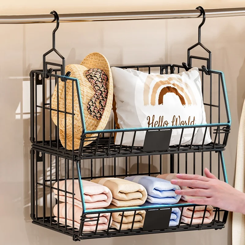 Foldable Hanging Closet Organizer 2-Tier Storage Shelf Divider Wardrobe Space Saver for Clothes - Black