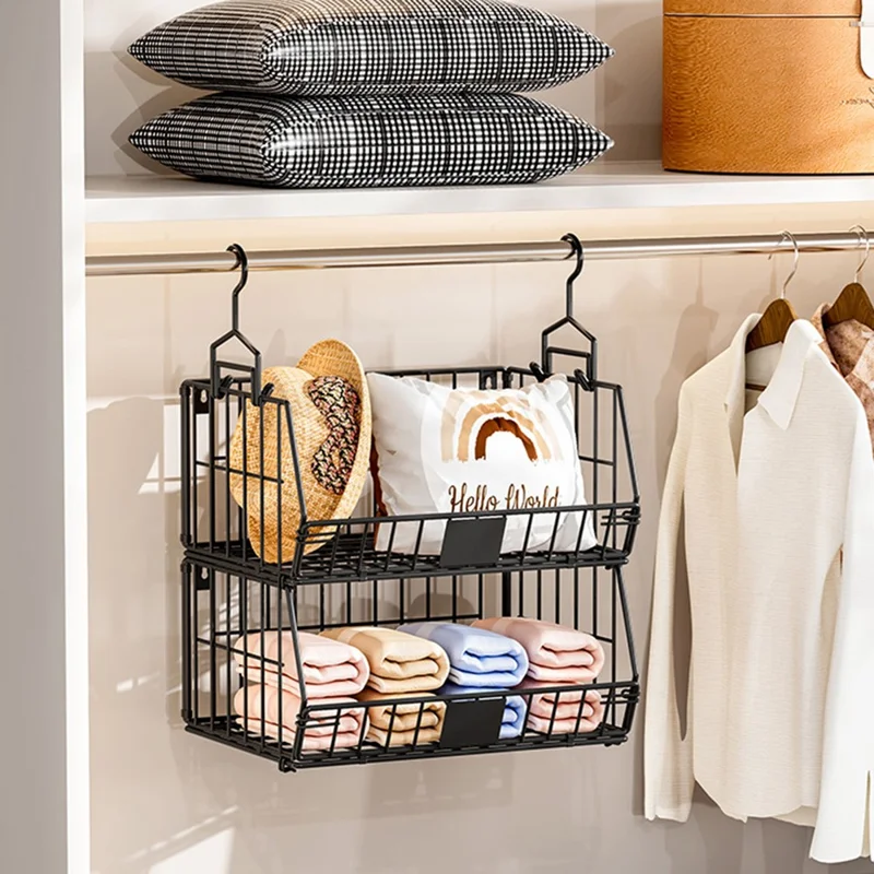 Foldable Hanging Closet Organizer 2-Tier Storage Shelf Divider Wardrobe Space Saver for Clothes - Black