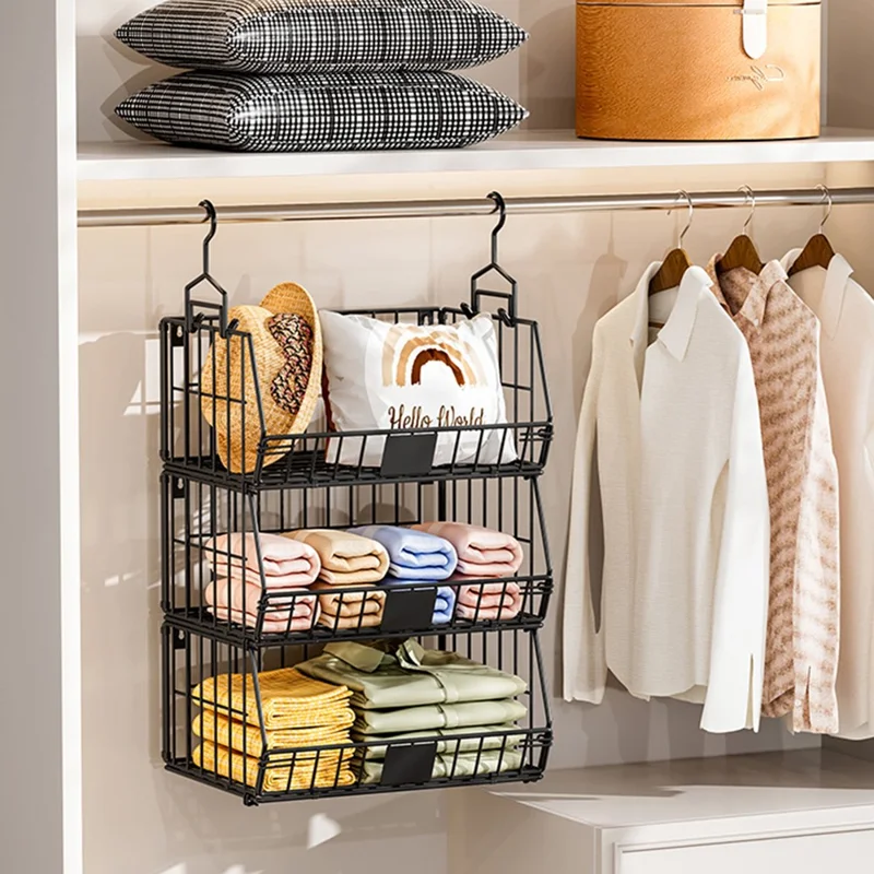 Foldable Hanging Closet Organizer 3-Tier Storage Shelf Divider Wardrobe Space Saver for Clothes - Black