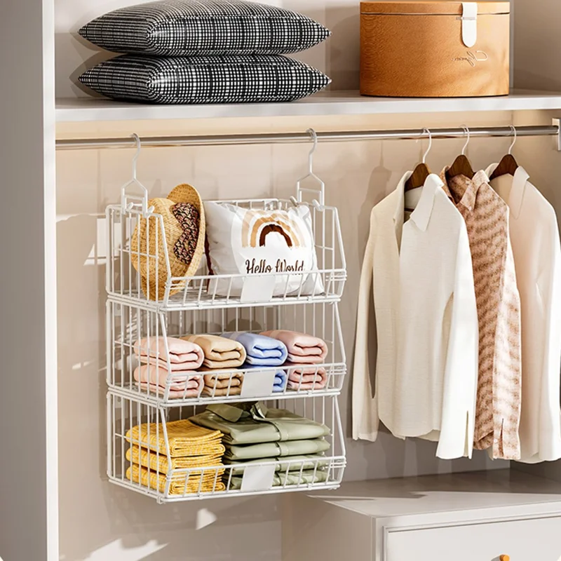 Foldable Hanging Closet Organizer 3-Tier Storage Shelf Divider Wardrobe Space Saver for Clothes - Black