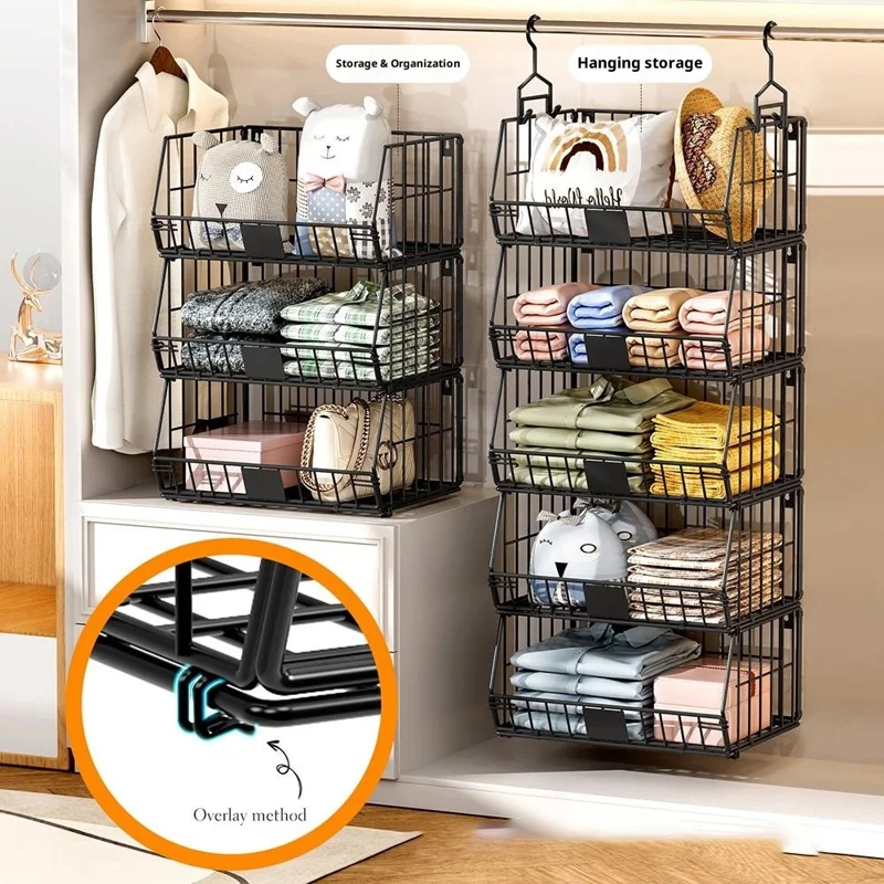 Foldable Hanging Closet Organizer 3-Tier Storage Shelf Divider Wardrobe Space Saver for Clothes - Black