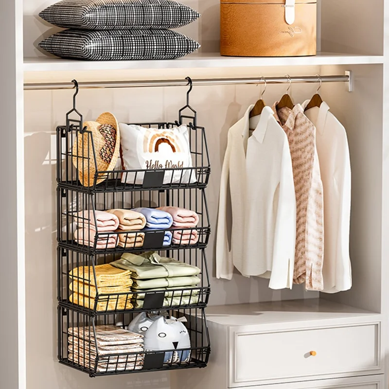 Foldable Hanging Closet Organizer 4-Tier Storage Shelf Divider Wardrobe Space Saver for Clothes - Black