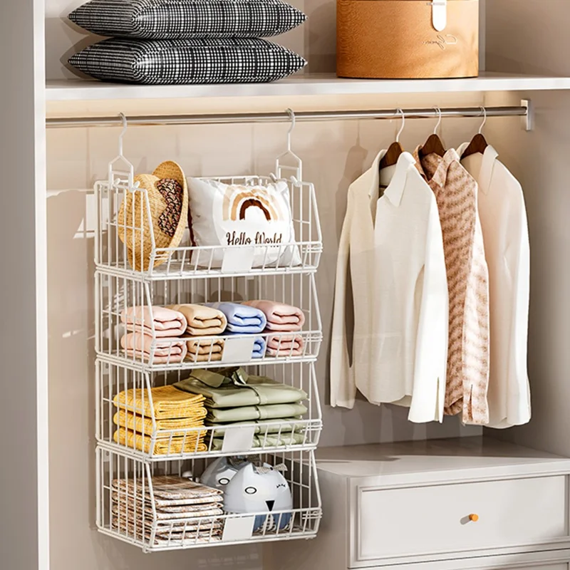 Foldable Hanging Closet Organizer 4-Tier Storage Shelf Divider Wardrobe Space Saver for Clothes - Black