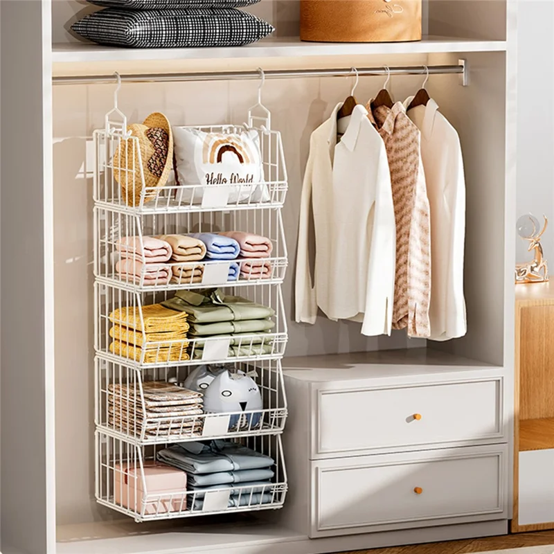 Organizador de armario colgante plegable de 5 niveles, estantería de almacenamiento, separador de armario, ahorro de espacio para ropa - Negro