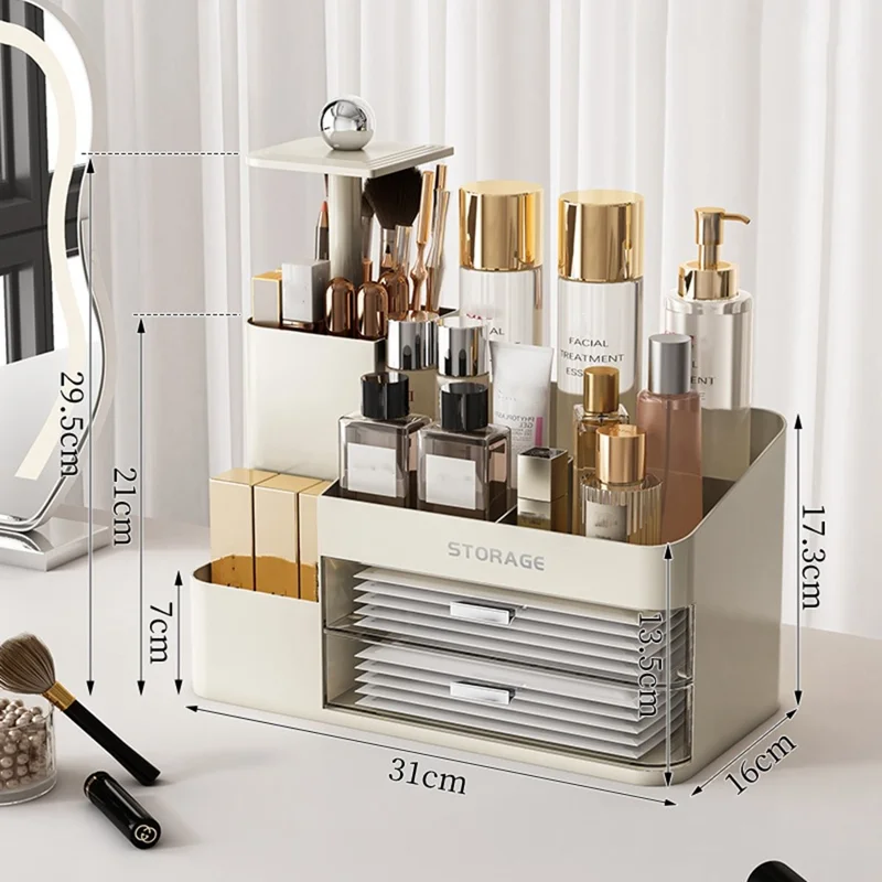 9056 Makeup Organizer Adjustable Brush Holder Multi-Functional Storage Rack with Transparent Drawers - Light Yellow