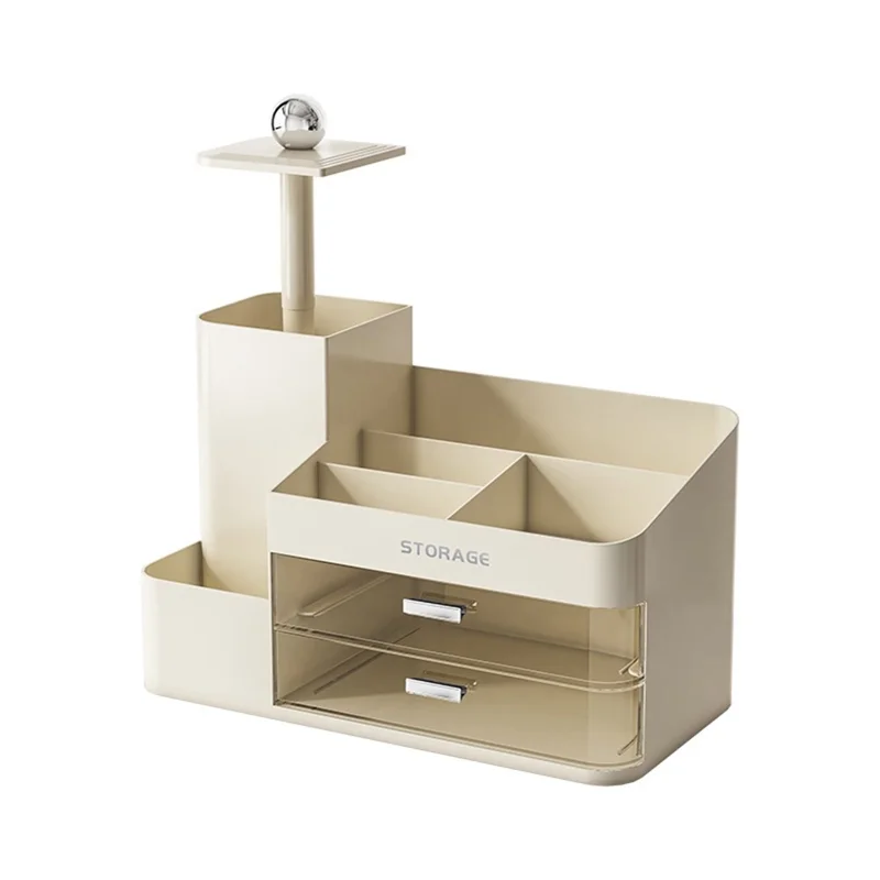 9056 Makeup Organizer Adjustable Brush Holder Multi-Functional Storage Rack with Transparent Drawers - Light Yellow