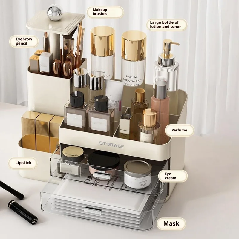 9056 Makeup Organizer Adjustable Brush Holder Multi-Functional Storage Rack with Transparent Drawers - Light Yellow