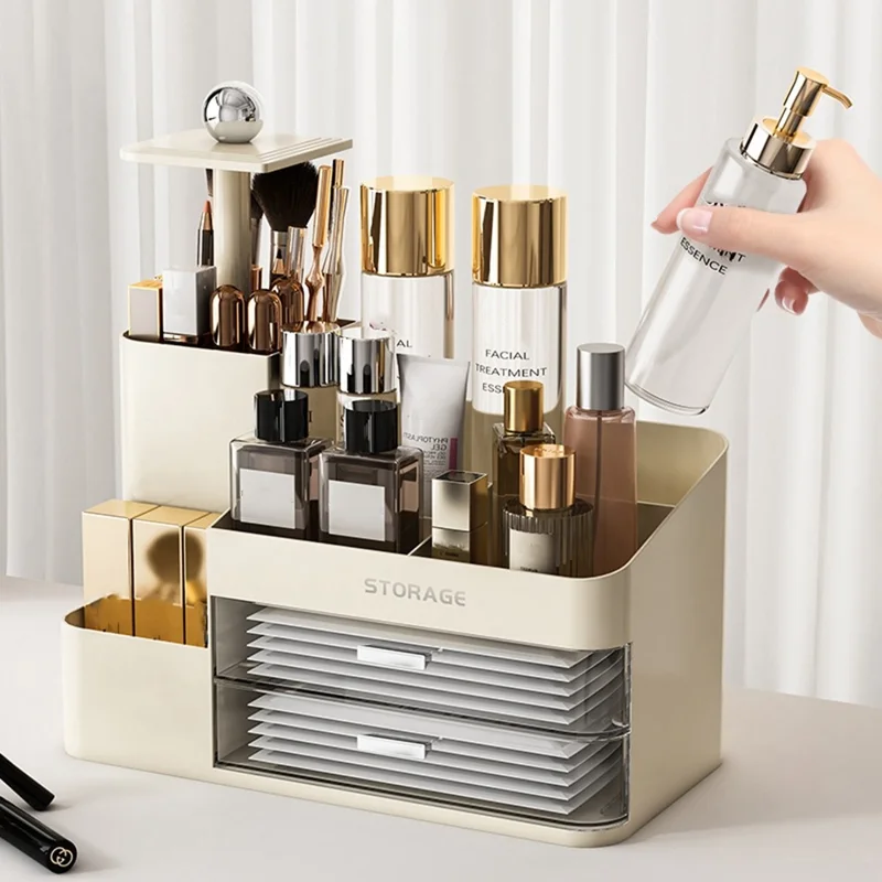 9056 Makeup Organizer Adjustable Brush Holder Multi-Functional Storage Rack with Transparent Drawers - Light Yellow
