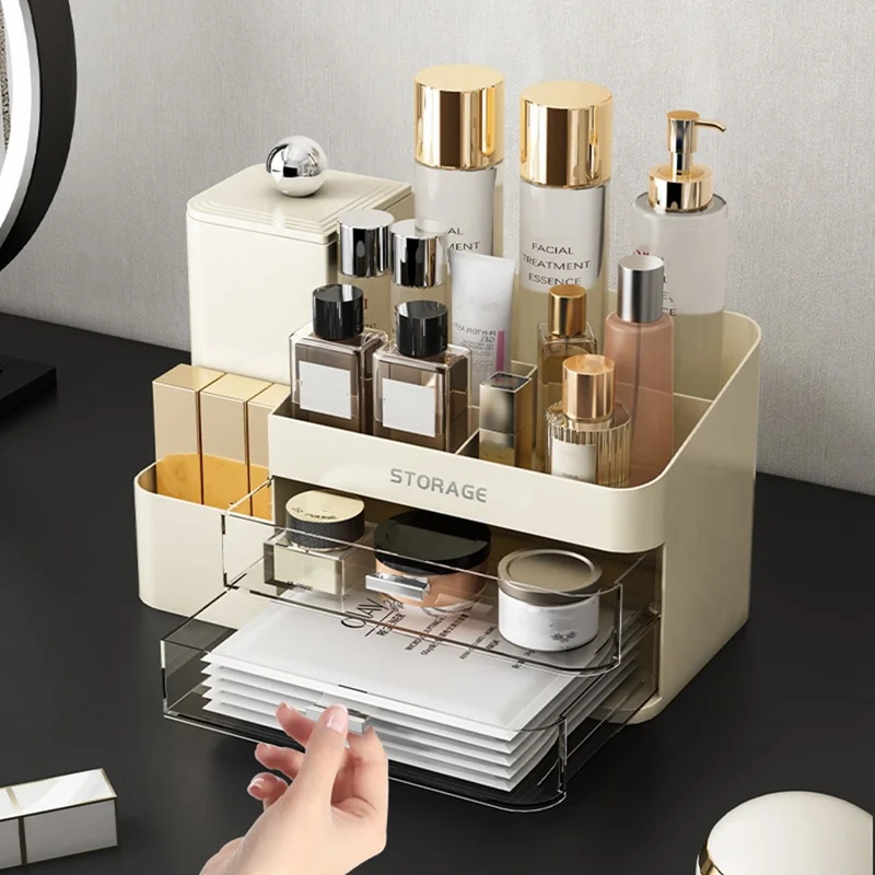 9056 Makeup Organizer Adjustable Brush Holder Multi-Functional Storage Rack with Transparent Drawers - Light Yellow