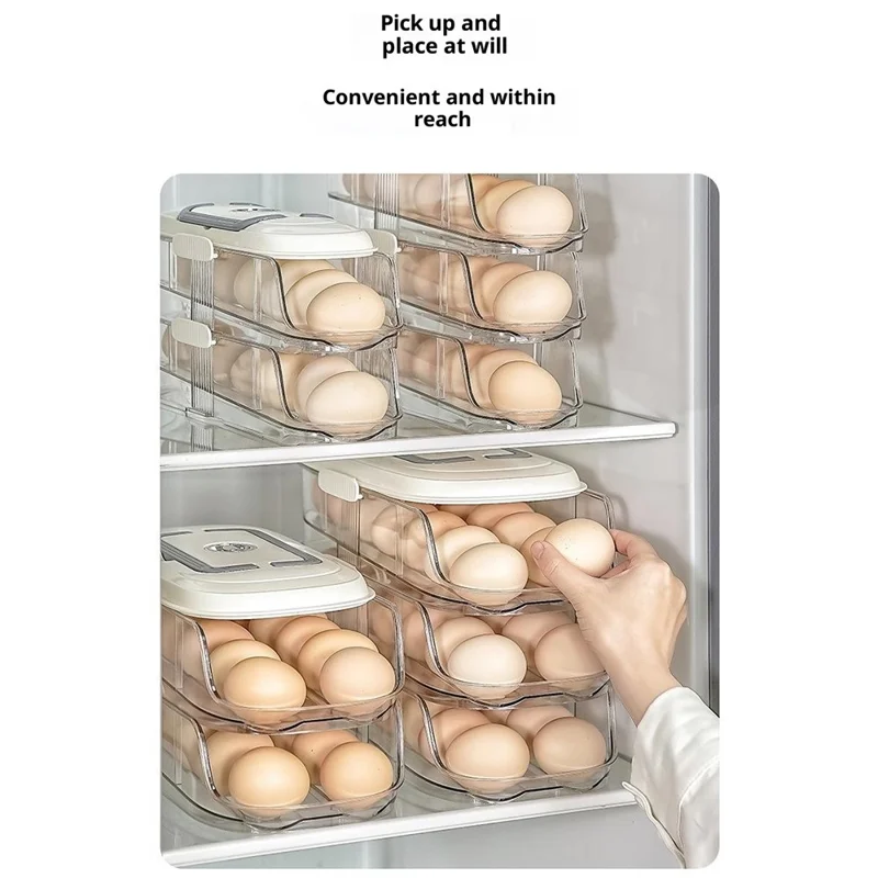 9057 Dual Row Single Layer Egg Storage Container for Refrigerator Clear Stackable Eggs Organizer Box with Handle