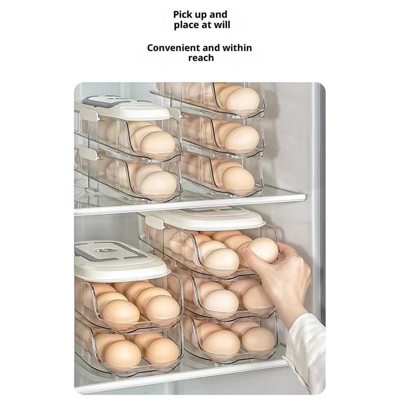 9057 Dual Row Dual Layer Egg Storage Container for Refrigerator Clear Stackable Eggs Organizer Box with Handle