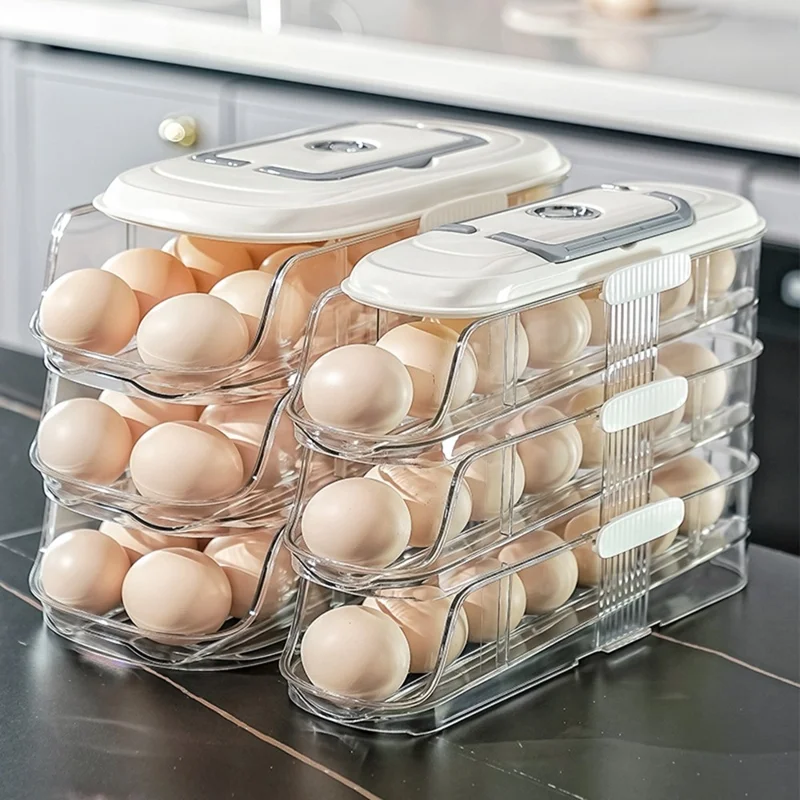 9057 Dual Row Dual Layer Egg Storage Container for Refrigerator Clear Stackable Eggs Organizer Box with Handle