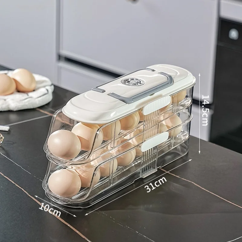 9057 Single Row Dual Layer Egg Storage Container for Refrigerator Clear Stackable Eggs Organizer Box with Handle