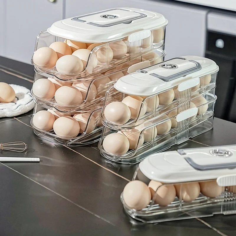 9057 Single Row Dual Layer Egg Storage Container for Refrigerator Clear Stackable Eggs Organizer Box with Handle