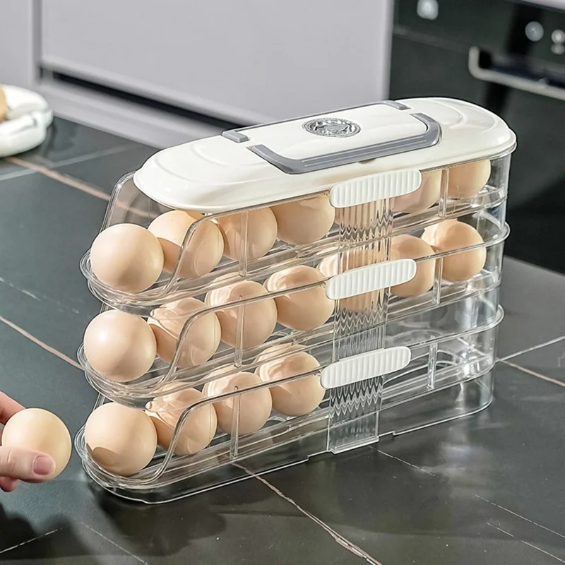 9057 Single Row 3 Layers Egg Storage Container for Refrigerator Clear Stackable Eggs Organizer Box with Handle