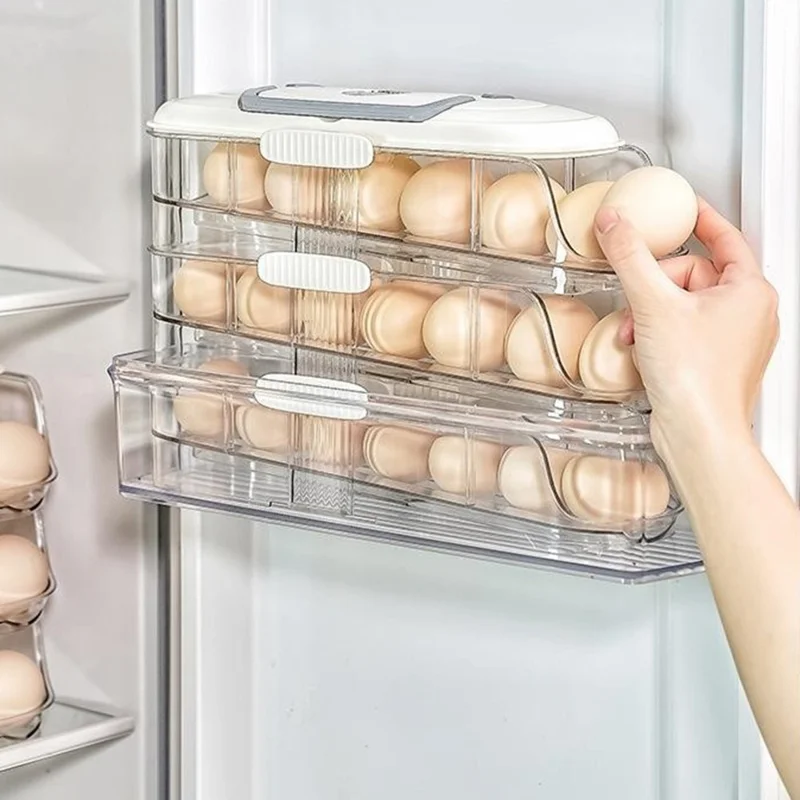 9057 Single Row 3 Layers Egg Storage Container for Refrigerator Clear Stackable Eggs Organizer Box with Handle