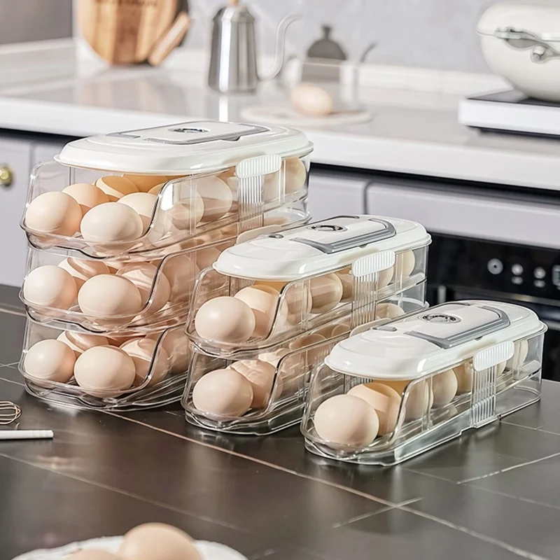 9057 Single Row 3 Layers Egg Storage Container for Refrigerator Clear Stackable Eggs Organizer Box with Handle