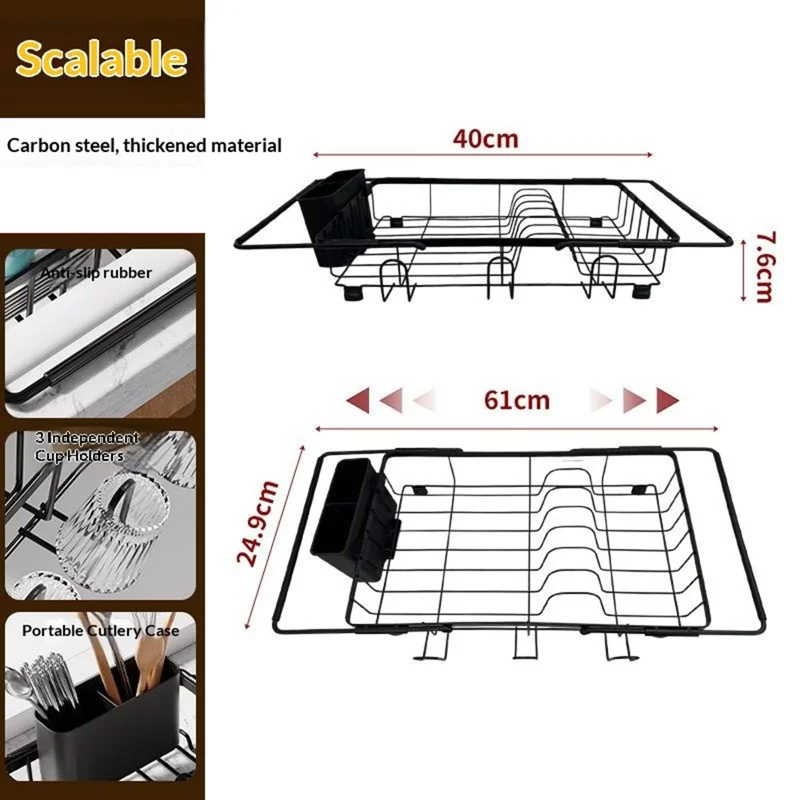 Expandable Stainless Steel Dish Drying Rack Large Capacity Utensil Holder Space Saving Draining Tray - Black