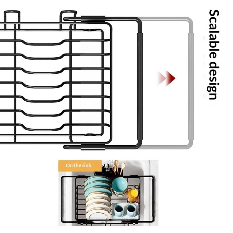 Expandable Stainless Steel Dish Drying Rack Large Capacity Utensil Holder Space Saving Draining Tray - Black
