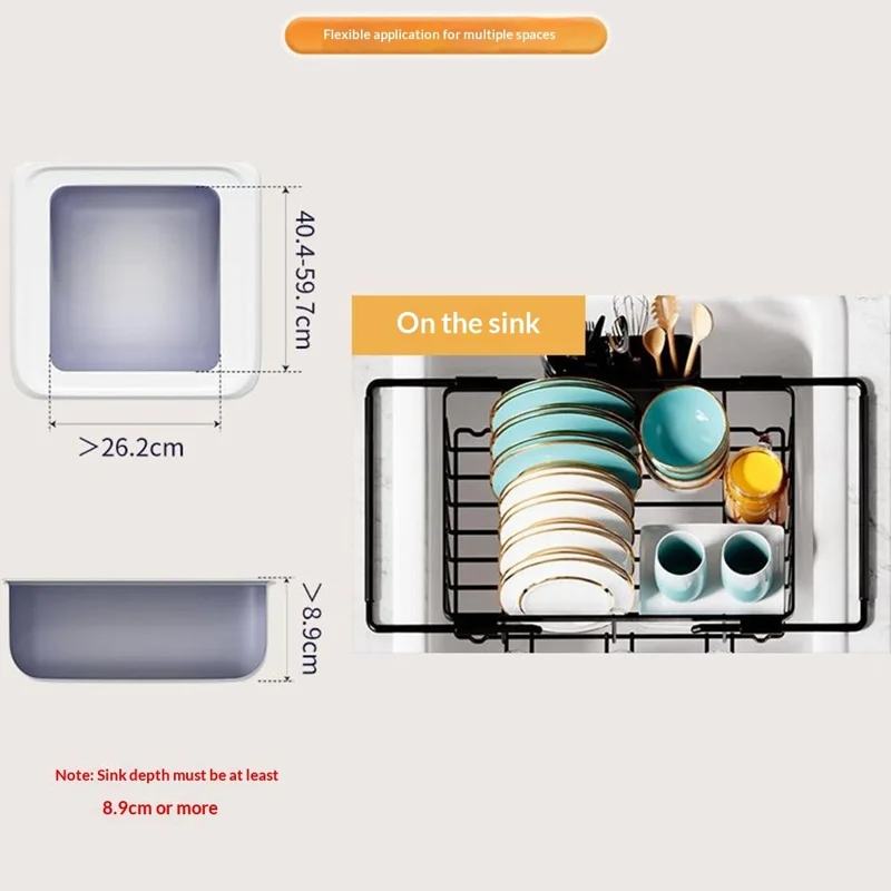 Expandable Stainless Steel Dish Drying Rack Large Capacity Utensil Holder Space Saving Draining Tray - Black