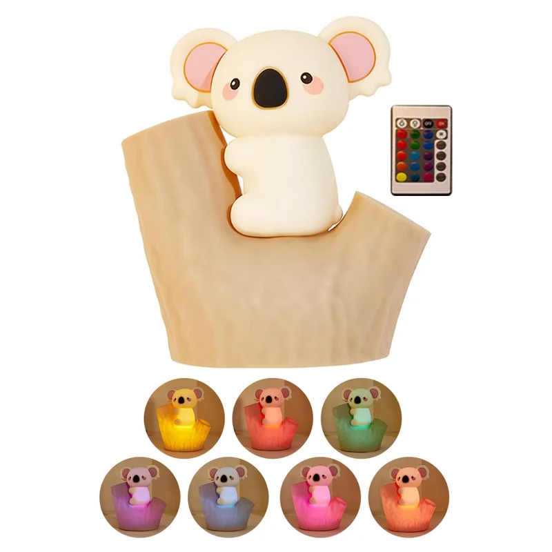 820 7-Color Gradient Koala Tap-Activated Control Light 2-Level Dimming Timer Cartoon Silicone Night Lamp Charging Remote Control