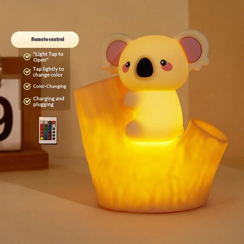 820 7-Color Gradient Koala Tap-Activated Control Light 2-Level Dimming Timer Cartoon Silicone Night Lamp Charging Remote Control