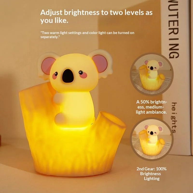 820 7-Color Gradient Koala Tap-Activated Control Light 2-Level Dimming Timer Cartoon Silicone Night Lamp Charging Remote Control