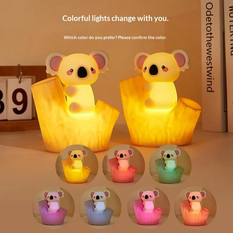 820 7-Color Gradient Koala Tap-Activated Control Light 2-Level Dimming Timer Cartoon Silicone Night Lamp Charging Remote Control