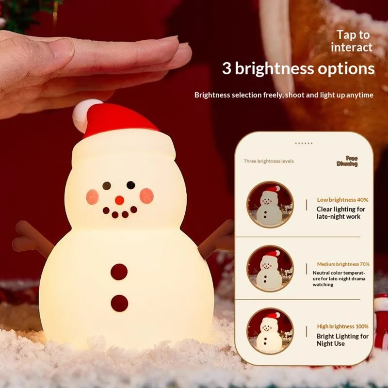 821 Snowman Silicone Tap-Activated Control Light 3-Level Brightness Control Christmas Night Lamp Rechargeable