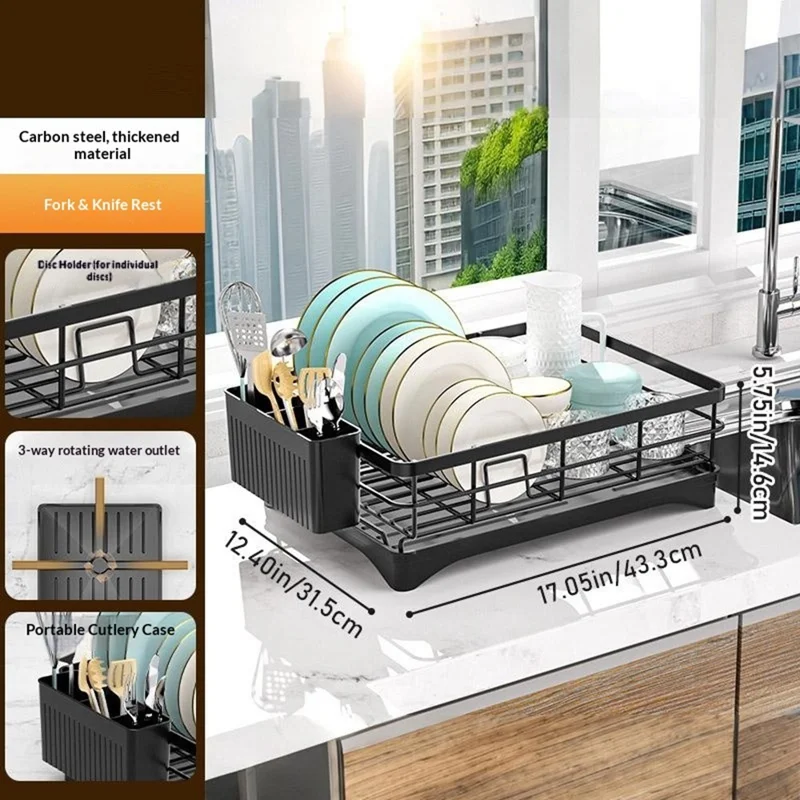 Rejilla de drenaje de acero al carbono Escurridor de platos multifuncional con pequeño cesto para cubiertos Organizador estable de utensilios - Negro